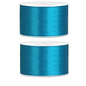 2x Hobby/decoratie turquoise satijnen sierlinten 3,8 cm/38 mm x 25 meter Turquoise - Cadeaulinten