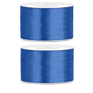 2x Hobby/decoratie marine blauw satijnen sierlinten 3,8 cm/38 mm x 25 meter Blauw - Cadeaulinten