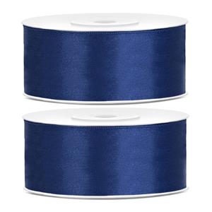2x Hobby/decoratie donkerblauwe satijnen sierlinten 2,5 cm/25 mm x 25 meter Blauw - Cadeaulinten