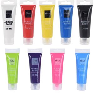 Setje acryl verf tubes 9 kleuren 75 ml - Hobbyverf