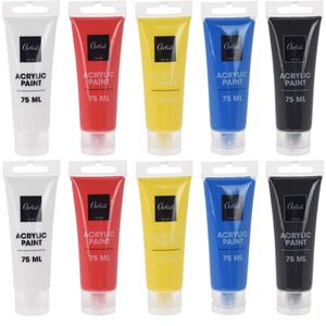 Setje acryl verf 10 tubes 5 kleuren 75 ml - Hobbyverf