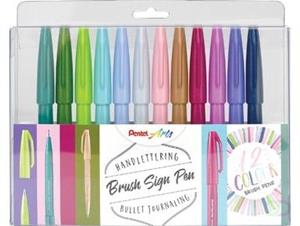 Pentel brushpen Sign Pen Brush Touch, plastic etui met 12 stuks in geassorteerde kleuren