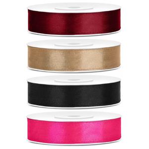 4x rollen satijnlint bordeaux-goud-zwart-roze 1,2 cm x 25 meter -