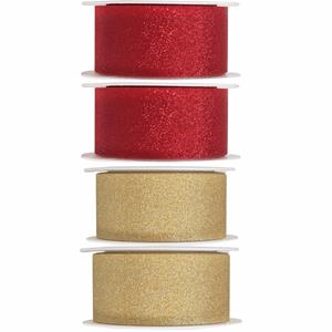 Santex 4x Hobby/decoratie rood en gouden sierlinten met glitters 3 cm/30 mm x 5 meter -