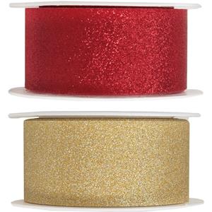 Santex 2x Hobby/decoratie rood en gouden sierlinten met glitters 3 cm/30 mm x 5 meter -