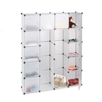 relaxdays Kleiderschrank Stecksystem mit 2 Kleiderstangen, Garderobe mit 14 Fächer, Kunststoff Regalsystem, transparent