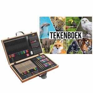 Complete teken/schilder doos 88-delig met een A4 Dieren schetsboek -