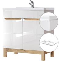 lomadox Waschtischunterschrank inkl. 81 cm Keramikbecken SOLNA-56 Hochglanz weiß, Wotaneiche, B x H x T ca. 81 x 85 x 46cm