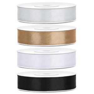 4x rollen satijnlint zilver-goud-wit-zwart 1,2 cm x 25 meter -