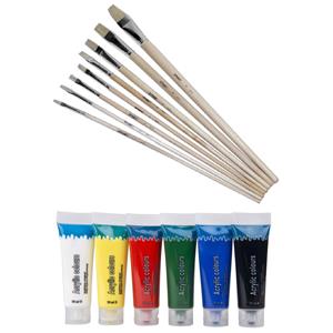 Artist & Co Set van 6 tubes acryl/hobby verf met 8 schilder penselen -