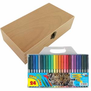 Houten tekendoos 27 x 16 cm inclusief 24 viltstiften tekenpakket -