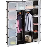 relaxdays Kleiderschrank Stecksystem mit 2 Kleiderstangen, Garderobe mit 14 Fächer, Kunststoff Regalsystem, schwarz