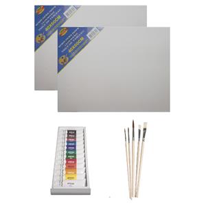 Rayher hobby materialen Schilders verf set van 12x tubes acrylverf/hobbyverf 12 ml + 2x canvas doek + 5x kwasten -