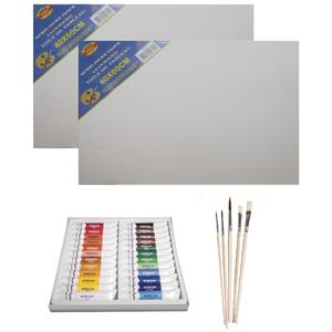 Rayher hobby materialen Schilders verf set van 24x tubes acrylverf/hobbyverf 12 ml + 2x canvas doeken + 5x kwasten -