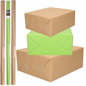 Shoppartners 10x Rollen kraft inpakpapier/kaftpapier pakket bruin/groen 200 x 70 cm -