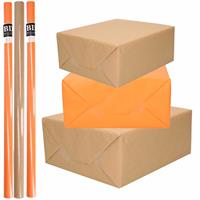 Shoppartners 10x Rollen kraft inpakpapier/kaftpapier pakket bruin/oranje 200 x 70 cm -