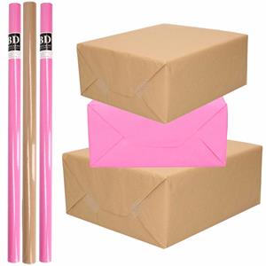 Shoppartners 10x Rollen kraft inpakpapier/kaftpapier pakket bruin/roze 200 x 70 cm -
