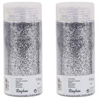 Rayher hobby materialen 2x Potjes hobby materiaal strooi glitters zilver 110 gram -