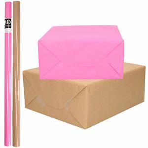 Shoppartners 4x Rollen kraft inpakpapier/kaftpapier pakket bruin/roze 200 x 70 cm -