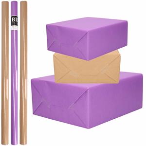 Shoppartners 8x Rollen kraft inpakpapier/kaftpapier pakket bruin/paars 200 x 70 cm -