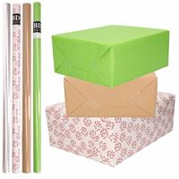 Shoppartners 8x Rollen transparant folie/inpakpapier pakket - groen/bruin/wit met hartjes 200 x 70 cm -
