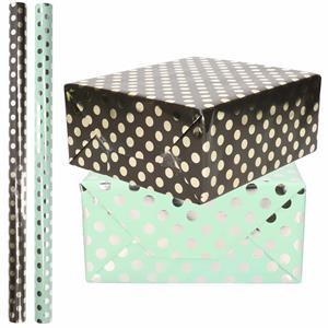 Shoppartners 4x Rollen luxe folie inpakpapier zilveren/gouden stippen pakket - mintgroen/zwart 200 x 70 cm -