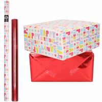 Shoppartners 6x Rollen kraft inpakpapier happy birthday pakket - metallic rood 200 x 70/50 cm -