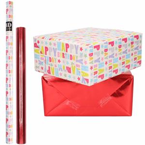 Shoppartners 6x Rollen kraft inpakpapier happy birthday pakket - metallic rood 200 x 70/50 cm -