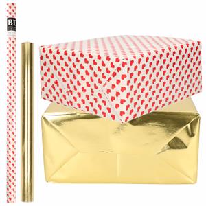 Bellatio 6x Rollen kraft inpakpapier liefde/rode hartjes pakket - metallic goud 200 x 70/50 cm -
