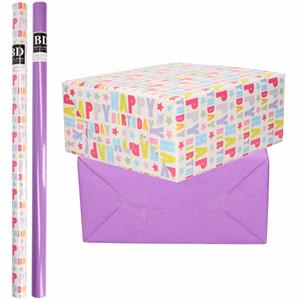 Bellatio 6x Rollen kraft inpakpapier happy birthday pakket - paars 200 x 70 cm -