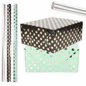 Shoppartners 6x Rollen transparante/folie inpakpapier zilveren/gouden stippen pakket - groen/zwart 200 x 70 cm -