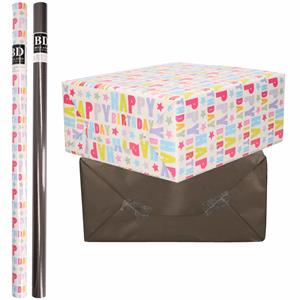 Bellatio 6x Rollen kraft inpakpapier happy birthday pakket - zwart 200 x 70 cm -