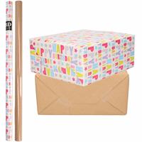 Bellatio 8x Rollen kraft inpakpapier happy birthday pakket - bruin 200 x 70 cm -