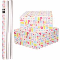 Bellatio 8x Rollen kraft inpakpapier happy birthday pakket - transparante folie 200 x 70 cm -