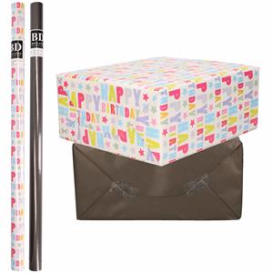 Bellatio 8x Rollen kraft inpakpapier happy birthday pakket - zwart 200 x 70 cm -