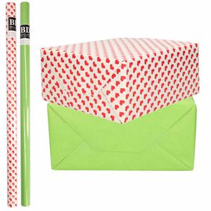 Bellatio 4x Rollen kraft inpakpapier liefde/rode hartjes pakket - groen 200 x 70 cm -