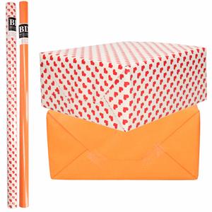 Bellatio 4x Rollen kraft inpakpapier liefde/rode hartjes pakket - oranje 200 x 70 cm -