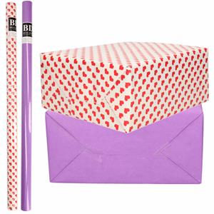 Bellatio 4x Rollen kraft inpakpapier liefde/rode hartjes pakket - paars 200 x 70 cm -