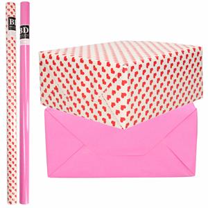 Bellatio 4x Rollen kraft inpakpapier liefde/rode hartjes pakket - roze 200 x 70 cm -