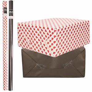 Bellatio 4x Rollen kraft inpakpapier liefde/rode hartjes pakket - zwart 200 x 70 cm -