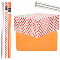 Bellatio 6x Rollen kraft inpakpapier transparante folie/hartjes pakket - oranje/harten design 200 x 70 cm -