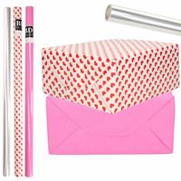 Bellatio 6x Rollen kraft inpakpapier transparante folie/hartjes pakket - roze/harten design 200 x 70 cm -