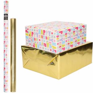 Shoppartners 4x Rollen kraft inpakpapier happy birthday pakket - metallic goud 200 x 70/50 cm -