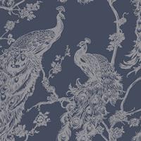 Dutch Wallcoverings Behang Peacock Marineblauw En Zilverkleurig