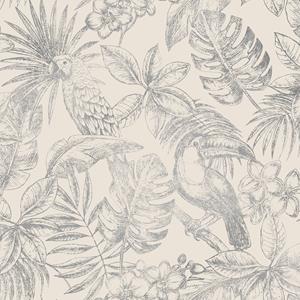 Dutch Wallcoverings Behang Bladeren En Vogels Wit En Zilverkleurig