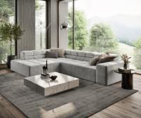 DELIFE Ecksofa Phia 320 x 215 Velour Silbergrau Ottomane links motorische Sitztiefenverstellung