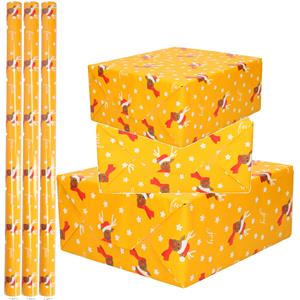 Bellatio 5x Rollen Kerst inpakpapier/cadeaupapier oker geel/rendieren fun 2,5 x 0,7 meter -