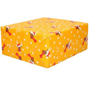 Bellatio 1x Rollen Kerst inpakpapier/cadeaupapier oker geel/rendieren fun 2,5 x 0,7 meter -