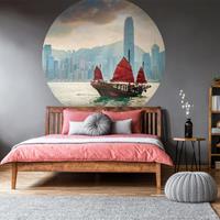 WALLART Fototapete Skyline with Junk Boat Rund 190 cm - 