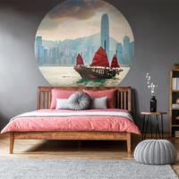 WallArt Behangcirkel Skyline with Junk Boat 142,5 cm